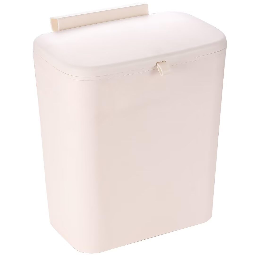 2.4 Gallon Hanging Trash Can with Lid for Kitchen Cabinet Door,9L Wall Mount Trash Can for RV Insider,Cupboard,Bathroom,Bedroom,Office and Under Sink,White