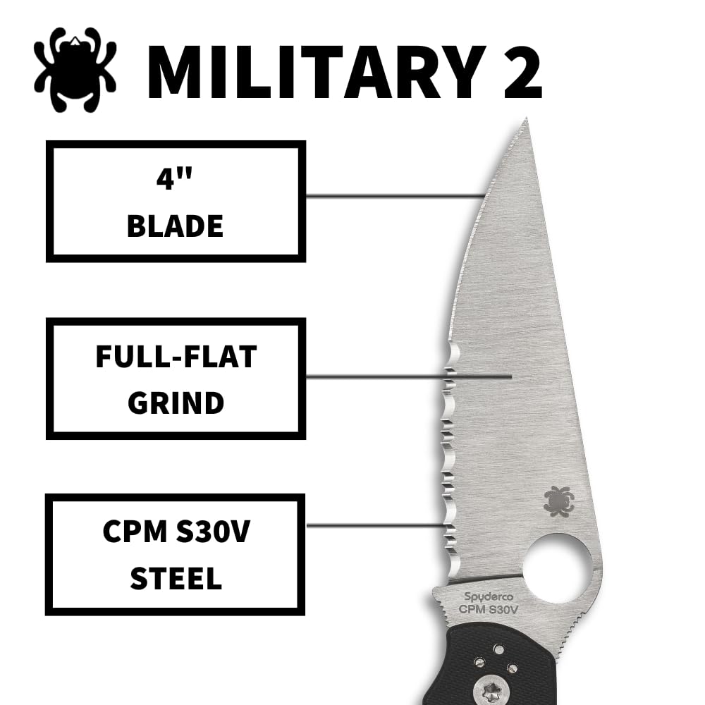 Spyderco Military 2 Folding Pocket Knife with 4 Inch CPM S30V Steel Blade and G-10 Handle - CombinationEdge - C36GPS2