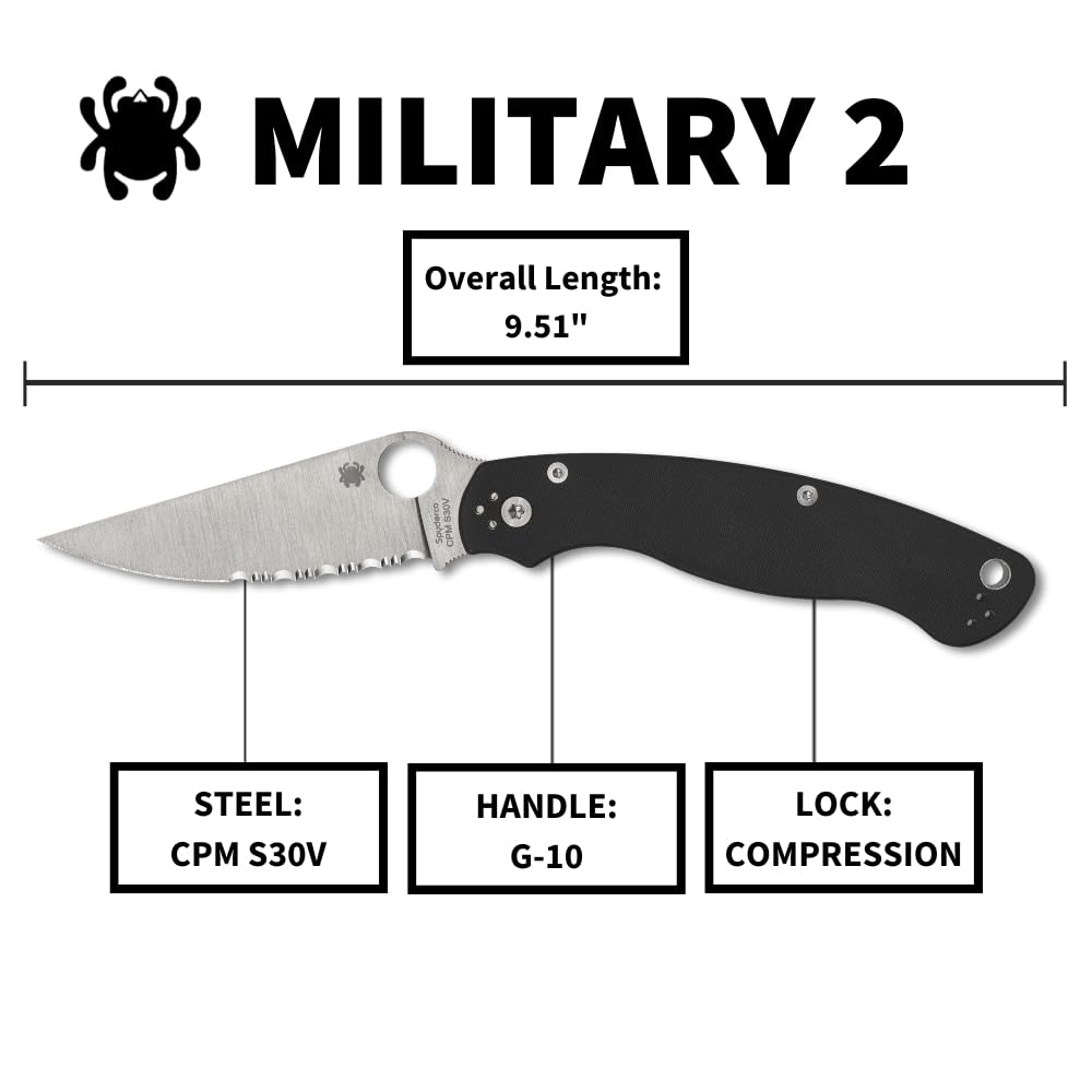 Spyderco Military 2 Folding Pocket Knife with 4 Inch CPM S30V Steel Blade and G-10 Handle - CombinationEdge - C36GPS2