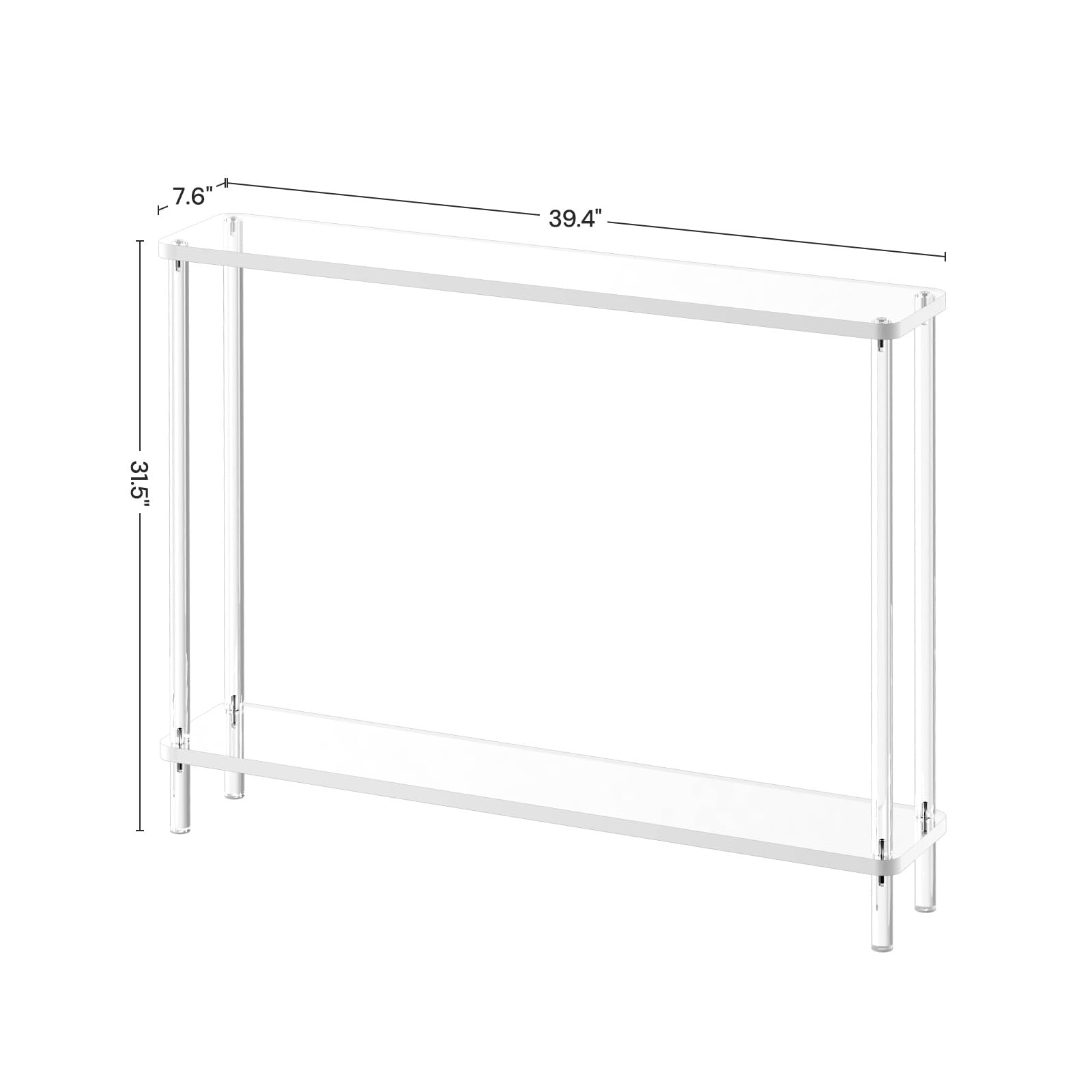 CRTERICX Acrylic Narrow Console Table for Entryway, 7.6" D x 39.4" W x 31.5" H, Cylindrical Legs, Skinny Entry Table for Sofa, Foyer, Hallway, Living Room, Modern, 2-Tier, Clear