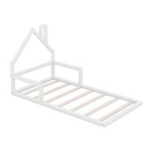 Floor Bed for Kids, Twin Size Montessori Bed with House Shape Headboard and Railings, Wood House Bed with Slats for Boys Girls, Low to Ground Height, No Box Spring Needed, White