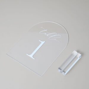 JINMURY Clear Arch Table Numbers for Wedding, 5x7 Inch Arched Acrylic Table Numbers 1-15 with Acrylic Stands, Clear Acrylic Arch Tabletop Sign with Holder for Centerpiece, Reception, Wedding, Party,