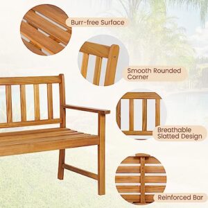 HAPPYGRILL Patio Wood Bench with Ergonomic Backrest & Armrests, 2-Person Outdoor Bench, All-Weather Acacia Wood Frame, Loveseat Outside Bench for Garden Balcony Poolside Porch Deck