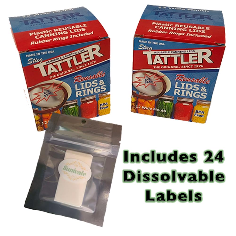 Reusable Canning Lids Bundle Includes 24 Wide Mouth Tattler Lids and Rings and 24 Dissolvable Sunivale Jar Labels For Use With Hot Water Bath, Vacuum Sealer and Pressure Canning Methods Made in USA