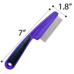 LLTGMV Flea Comb with Rubber Handle, Cat and Dog Flea Comb, Stainless Steel and Plastic, Medium, Purple