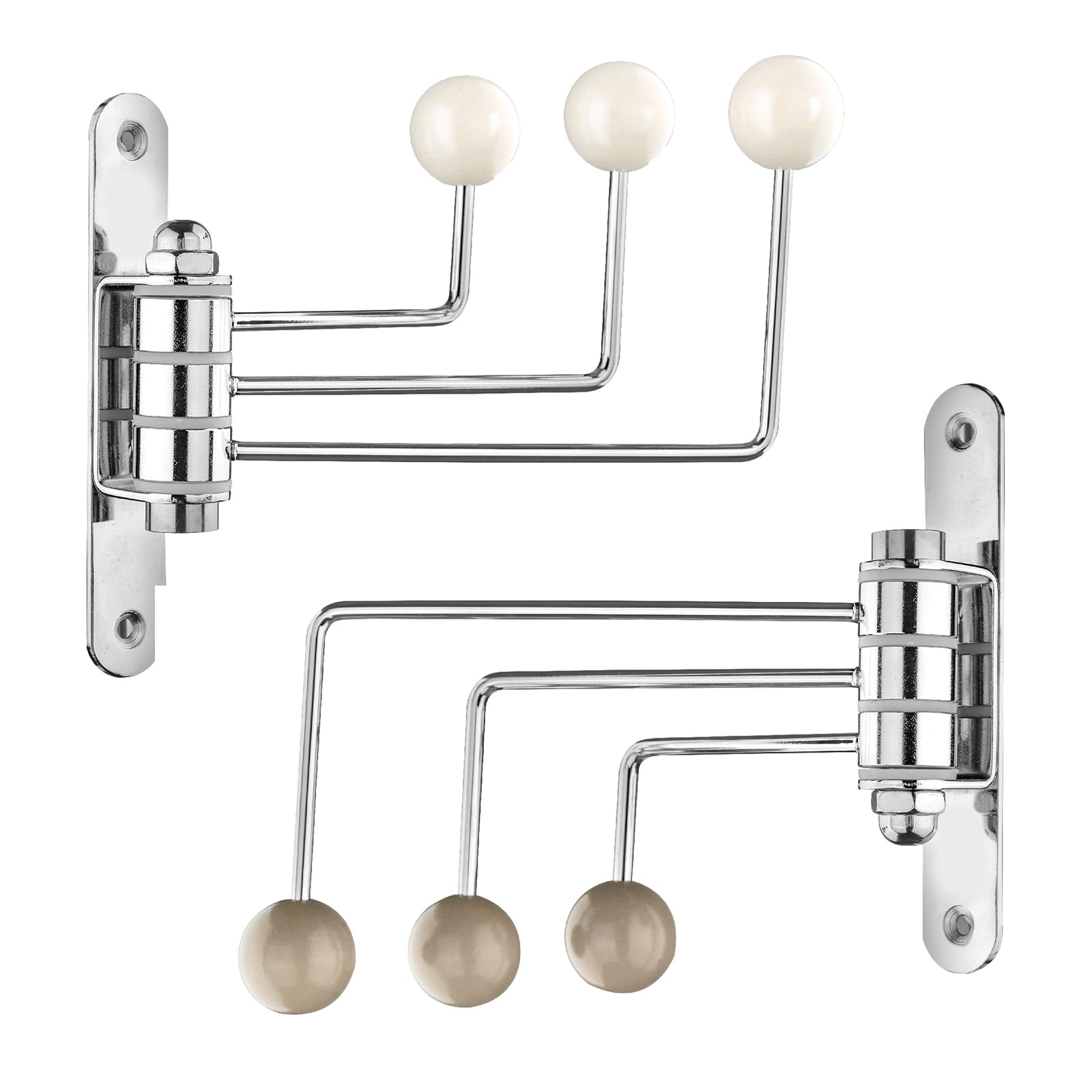 MetFun 2 Pack Decorative Coat Rack Hooks with Free Spinning 3 Wood Hooks Vertical Coat Rack Wall Mount Space-Saving Coat Hanger Hooks for Hanging Coat, Jacket, Bag, Hat, Scarf (White & Tan)