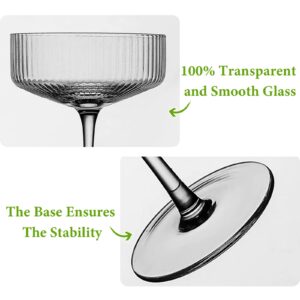 Qipecedm 4 Pcs Ribbed Coupe Glasses, 10 oz Vintage Cocktail Coupe Glasses Set, Unique Martini Glass, Classic Cocktail Galssware, Bar Drinking Glasses Set Pefect for Cocktail, Wine, Champagne & Gift