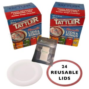 Reusable Canning Lids Bundle Includes 24 Wide Mouth Tattler Lids and Rings and 24 Dissolvable Sunivale Jar Labels For Use With Hot Water Bath, Vacuum Sealer and Pressure Canning Methods Made in USA