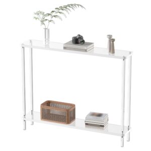 crtericx acrylic narrow console table for entryway, 7.6" d x 39.4" w x 31.5" h, cylindrical legs, skinny entry table for sofa, foyer, hallway, living room, modern, 2-tier, clear