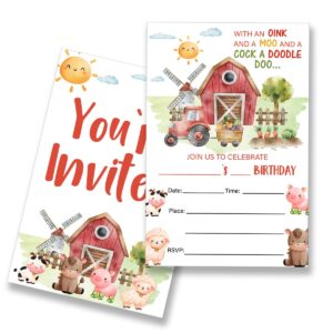 eudosi farm animals birthday party invitations supplies fill-in set of 20 with envelopes barn farm animals birthday bash invites cards, double sided