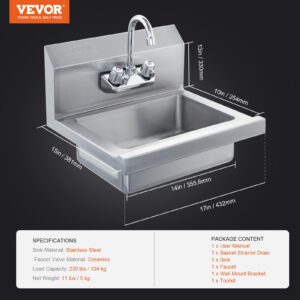 VEVOR Commercial Hand Sink with Faucet, NSF Stainless Steel Sink for Washing, Small Hand Washing Sink, Wall Mount Hand Basin, Utility Sink for Restaurant, Kitchen, Bar, Garage and Home, 17 x 15 inch