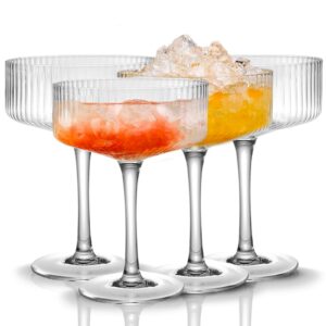 qipecedm 4 pcs ribbed coupe glasses, 10 oz vintage cocktail coupe glasses set, unique martini glass, classic cocktail galssware, bar drinking glasses set pefect for cocktail, wine, champagne & gift