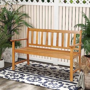 HAPPYGRILL Patio Wood Bench with Ergonomic Backrest & Armrests, 2-Person Outdoor Bench, All-Weather Acacia Wood Frame, Loveseat Outside Bench for Garden Balcony Poolside Porch Deck