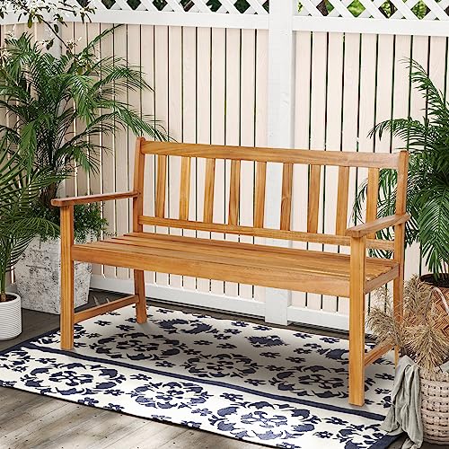 HAPPYGRILL Patio Wood Bench with Ergonomic Backrest & Armrests, 2-Person Outdoor Bench, All-Weather Acacia Wood Frame, Loveseat Outside Bench for Garden Balcony Poolside Porch Deck