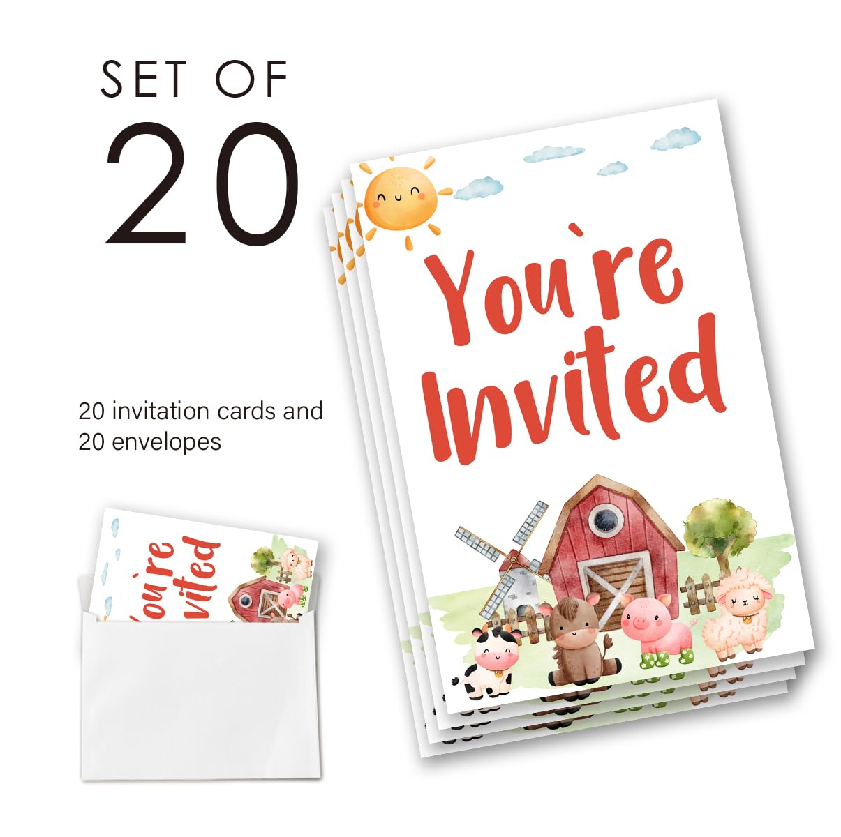 EUDOSI Farm Animals Birthday Party Invitations Supplies Fill-In Set of 20 with Envelopes Barn Farm Animals Birthday Bash Invites Cards, Double Sided