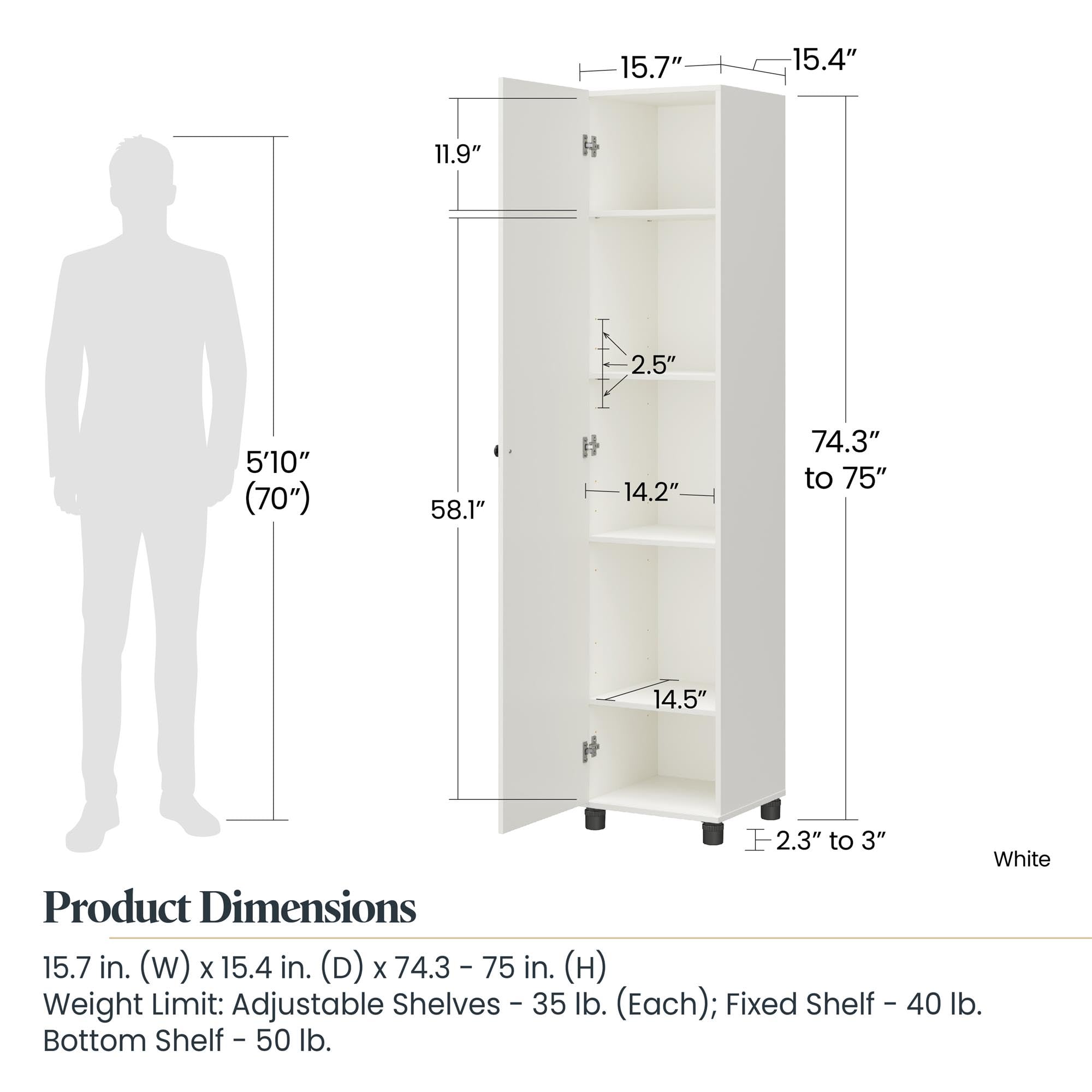 SystemBuild Evolution Kendall Fluted 16" Wide 1 Door Storage Cabinet, White