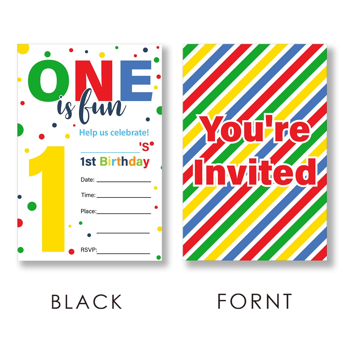 EUDOSI One is Fun 1st Birthday Party Invitations Supplies Fill-In Set of 20 with Envelopes Polka Dot 1st Birthday Bash Invites Cards, Double Sided