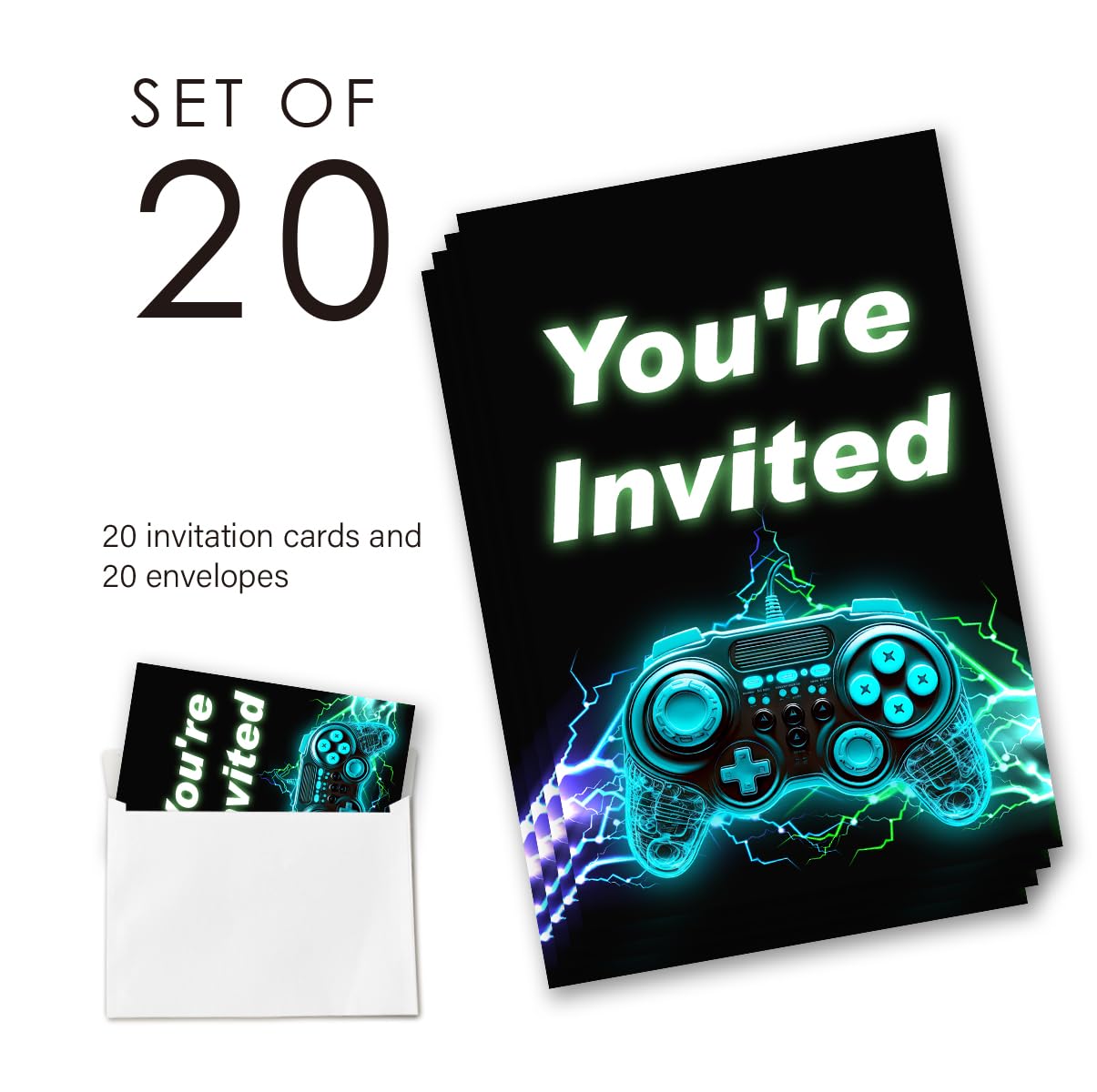 EUDOSI Video Game Birthday Party Invitations Supplies Fill-In Set of 20 with Envelopes Game on Birthday Bash Invites Cards, Double Sided