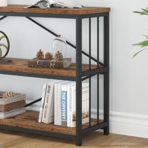 IBF Low Rustic 3 Tier Bookshelf, Industrial Horizontal Wood Bookcase, Farmhouse Long Wide Open Metal Etagere, Modern Large Vintage Book Shelf for Home Office Bedroom Living Room, Rustic Brown, 63 Inch