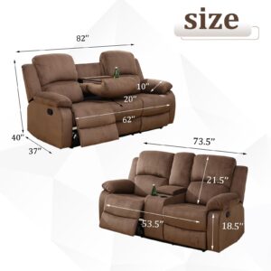 Plithzy Recliner Couch for Living Room, 73" Reclining Sofa Corduroy Fabric, Manaul Recliner Loveseat with Console Storage and Cup Holders (Loveseat, Brown)