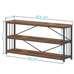 IBF Low Rustic 3 Tier Bookshelf, Industrial Horizontal Wood Bookcase, Farmhouse Long Wide Open Metal Etagere, Modern Large Vintage Book Shelf for Home Office Bedroom Living Room, Rustic Brown, 63 Inch