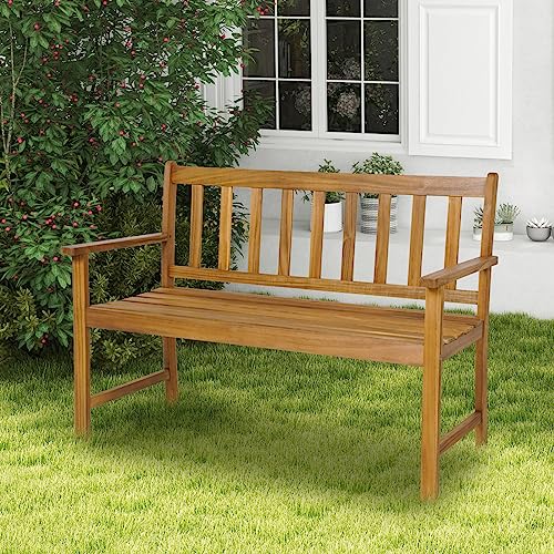 HAPPYGRILL Patio Wood Bench with Ergonomic Backrest & Armrests, 2-Person Outdoor Bench, All-Weather Acacia Wood Frame, Loveseat Outside Bench for Garden Balcony Poolside Porch Deck