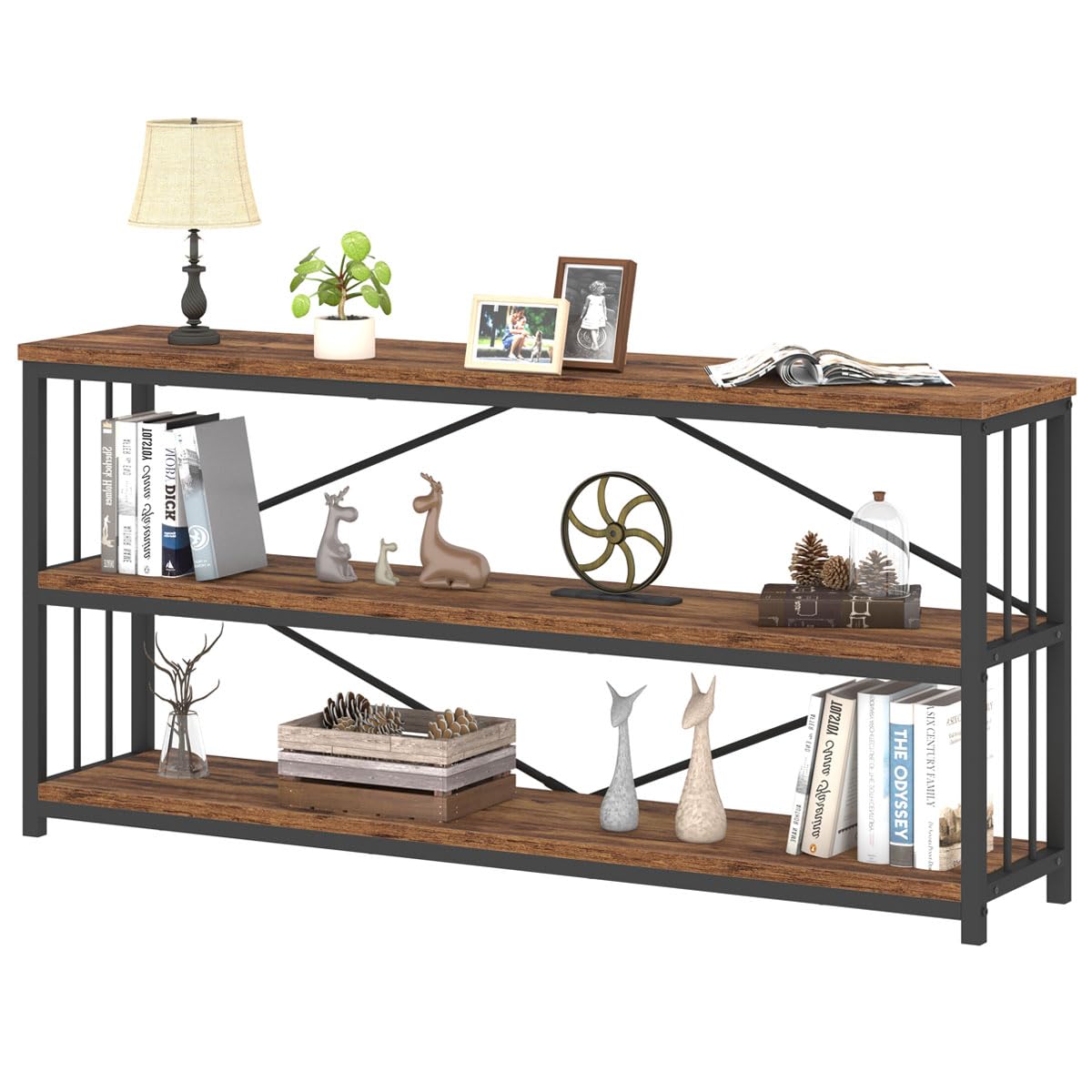 IBF Low Rustic 3 Tier Bookshelf, Industrial Horizontal Wood Bookcase, Farmhouse Long Wide Open Metal Etagere, Modern Large Vintage Book Shelf for Home Office Bedroom Living Room, Rustic Brown, 63 Inch