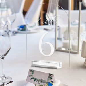 JINMURY Clear Arch Table Numbers for Wedding, 5x7 Inch Arched Acrylic Table Numbers 1-15 with Acrylic Stands, Clear Acrylic Arch Tabletop Sign with Holder for Centerpiece, Reception, Wedding, Party,