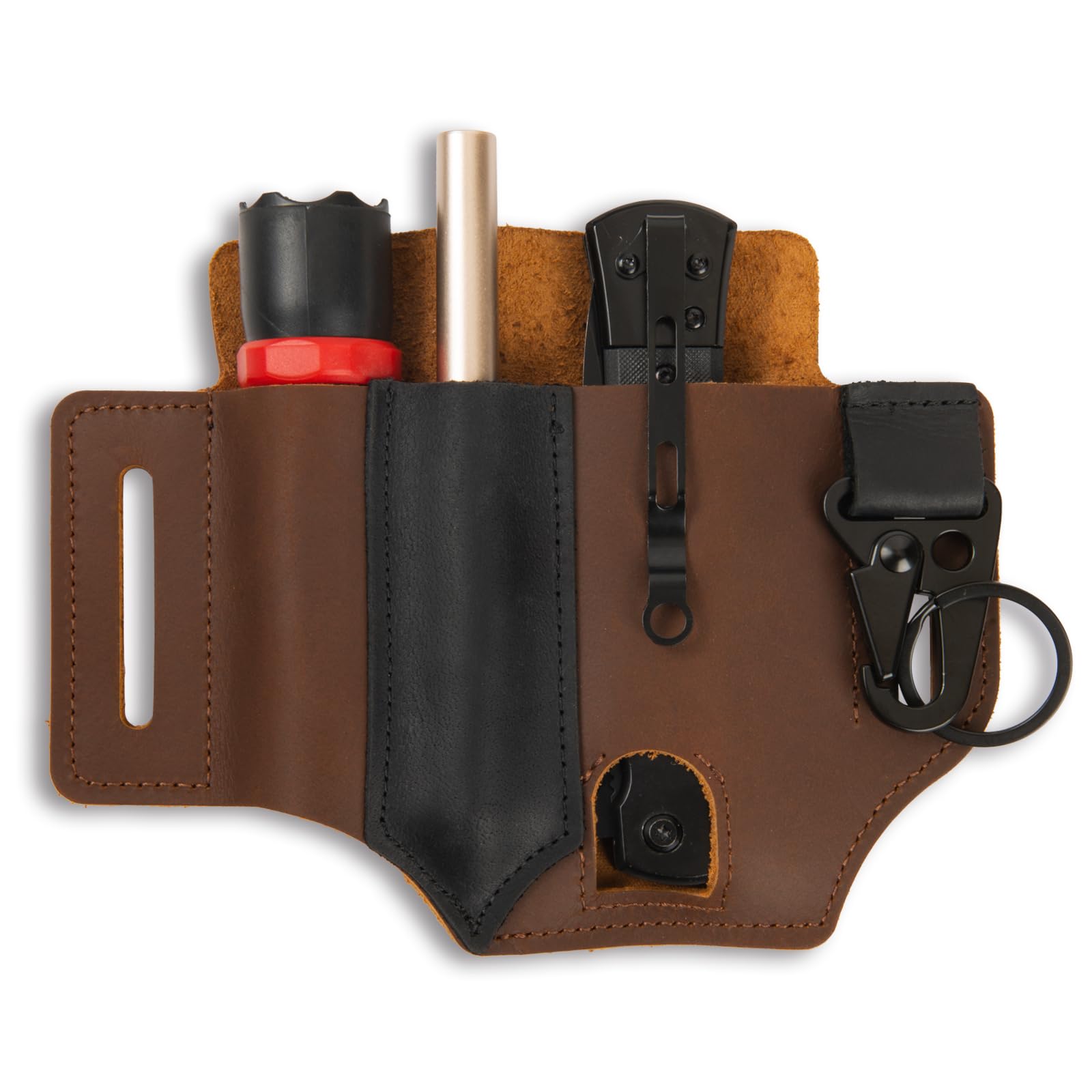 Intotal Multitool Sheath for Belt, EDC Leather Sheath,Brown Leather Belt Pouch for Work and Daily Use,Multi-Kit Gifts for Men, Belt Organizer for Pen Holder/Key Fob/Flashlight Sheath