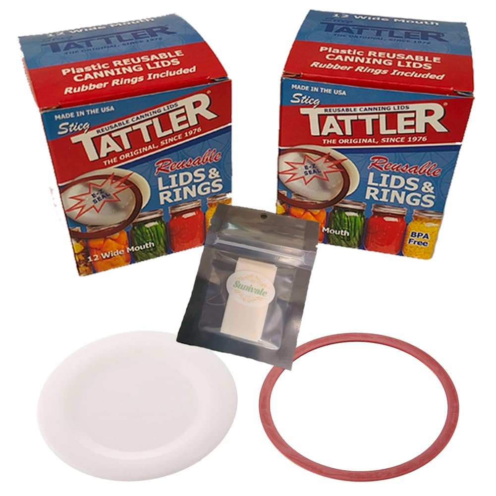 Reusable Canning Lids Bundle Includes 24 Wide Mouth Tattler Lids and Rings and 24 Dissolvable Sunivale Jar Labels For Use With Hot Water Bath, Vacuum Sealer and Pressure Canning Methods Made in USA