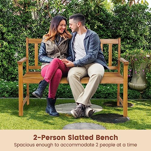 HAPPYGRILL Patio Wood Bench with Ergonomic Backrest & Armrests, 2-Person Outdoor Bench, All-Weather Acacia Wood Frame, Loveseat Outside Bench for Garden Balcony Poolside Porch Deck