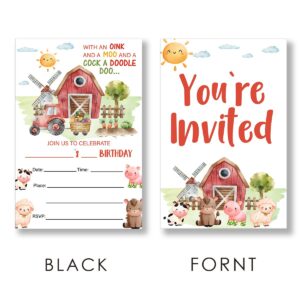 EUDOSI Farm Animals Birthday Party Invitations Supplies Fill-In Set of 20 with Envelopes Barn Farm Animals Birthday Bash Invites Cards, Double Sided