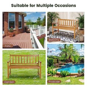 HAPPYGRILL Patio Wood Bench with Ergonomic Backrest & Armrests, 2-Person Outdoor Bench, All-Weather Acacia Wood Frame, Loveseat Outside Bench for Garden Balcony Poolside Porch Deck