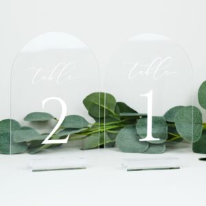 JINMURY Clear Arch Table Numbers for Wedding, 5x7 Inch Arched Acrylic Table Numbers 1-10 with Acrylic Stands, Clear Acrylic Arch Tabletop Sign with Holder for Centerpiece, Reception, Party, Event