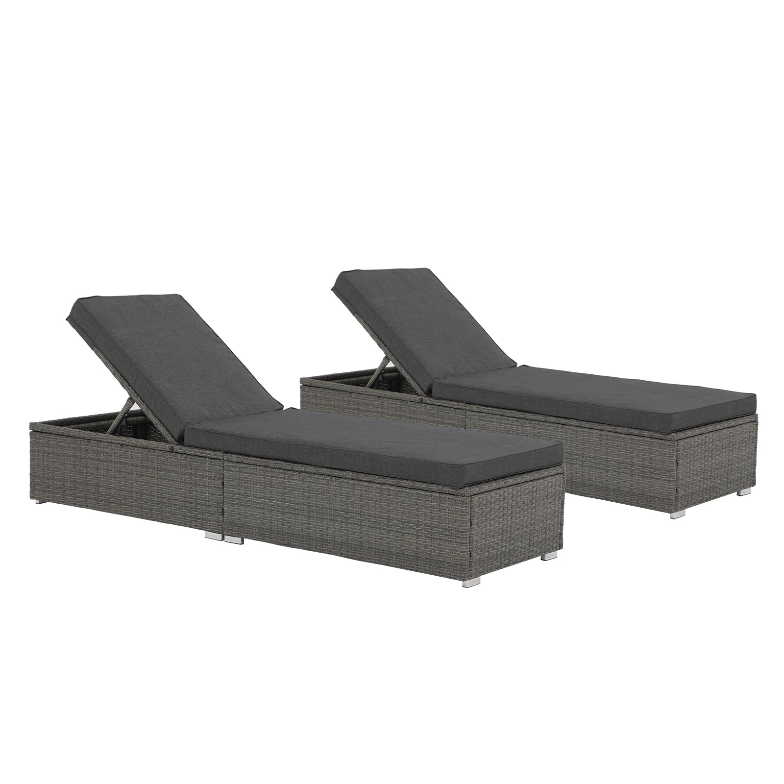 JOIVI Outdoor Patio Chaise Lounge Chairs Set of 2, PE Wicker Patio Pool Lounge Chairs Furniture Set of 2, Pool Lounger Gray Rattan Adjustable Backrest with Removable Dark Gray Cushion