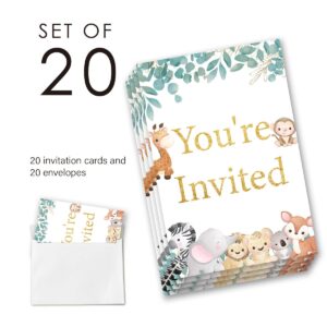 EUDOSI Wild One 1st Birthday Party Invitations Supplies Fill-In Set of 20 with Envelopes Jungle Animals 1st Birthday Bash Invites Cards, Double Sided