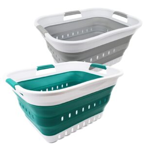 sammart set of 2-30l (8 gallon) collapsible plastic laundry basket - foldable pop up storage container/organizer - portable washing tub - space saving hamper/basket (2, grey + dark green)