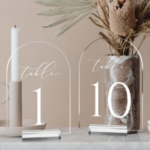 jinmury clear arch table numbers for wedding, 5x7 inch arched acrylic table numbers 1-10 with acrylic stands, clear acrylic arch tabletop sign with holder for centerpiece, reception, party, event