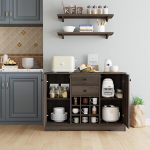 BOTLOG Buffet Sideboard Bar Cabinet with Storage, Farmhouse Coffee Bar Cabinet with 2 Drawers and Adjustable Shelves, 43.3’ Kitchen Buffet Storage Cabinet for Kitchen, Dining Room (Dark Brown)