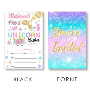 EUDOSI Unicorn Mermaid Birthday Party Invitations Supplies Fill-In Set of 20 with Envelopes Kisses and Unicorn Wishes Birthday Bash Invites Cards, Double Sided