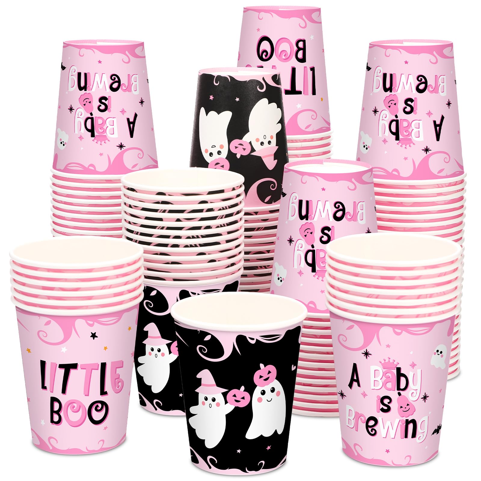 120 Pack Halloween Baby Shower Cups Disposable A Baby Is Brewing Cups Halloween Little Boo Baby Shower Decorations Halloween Gender Reveal Party Supplies Halloween Cups 9 oz for Adults(Pink)