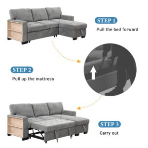 Polibi L-Shape Convertible Sofa with Storage Chaise, USB Charger, Cup Holders and Side Shelves, Velvet Multifunctional 3-Seat Couch, Pull-Out Sleeper Sofa Bed for Living Room, Bedroom, Grey