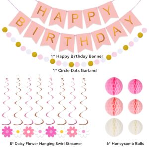 meowtastic Pink Birthday Decorations - Pink Happy Birthday Banner with Honeycomb Ball, Daisy Flower Hanging Swirl Streamer, Circle Dot Garland Decoration - Birthday Party Decoration for Women Girls