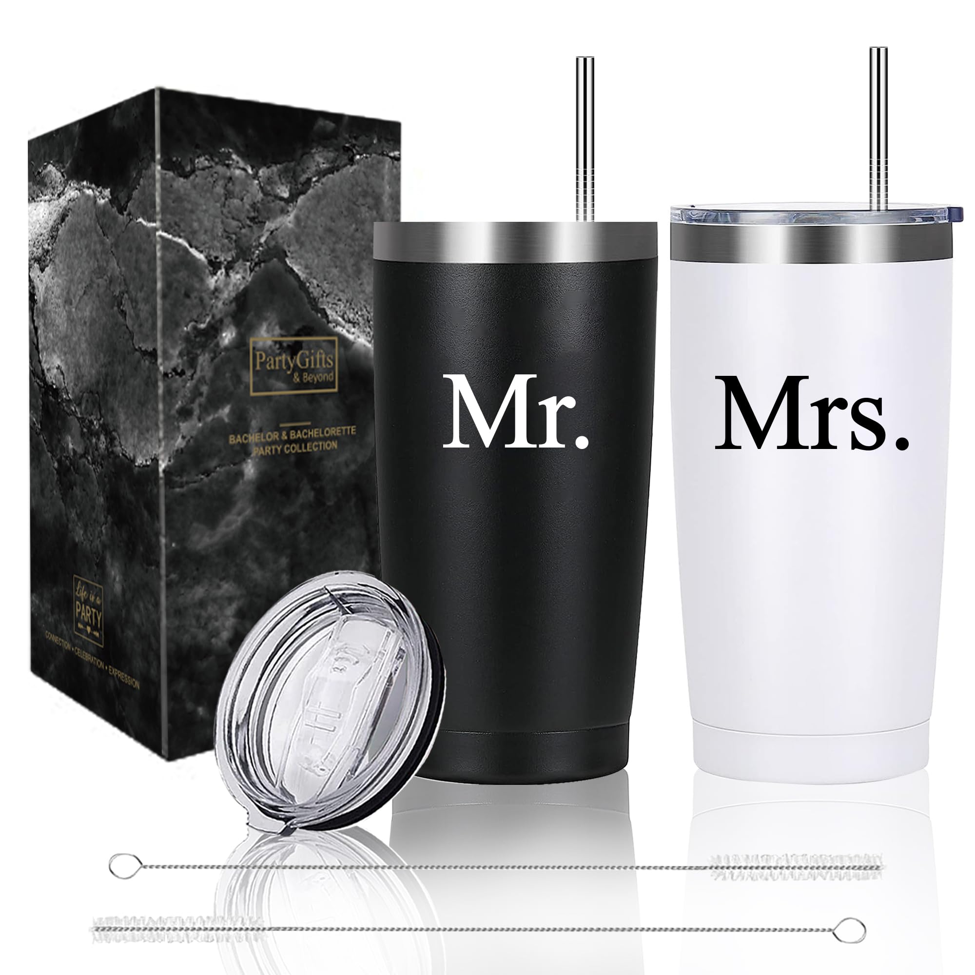 PartyGifts&beyond Mr and Mrs Cups Wedding honeymoon essential gifts 2 Pcs 20 Oz Stainless Steel Couple Tumblers for Bride and Groom (Bold)