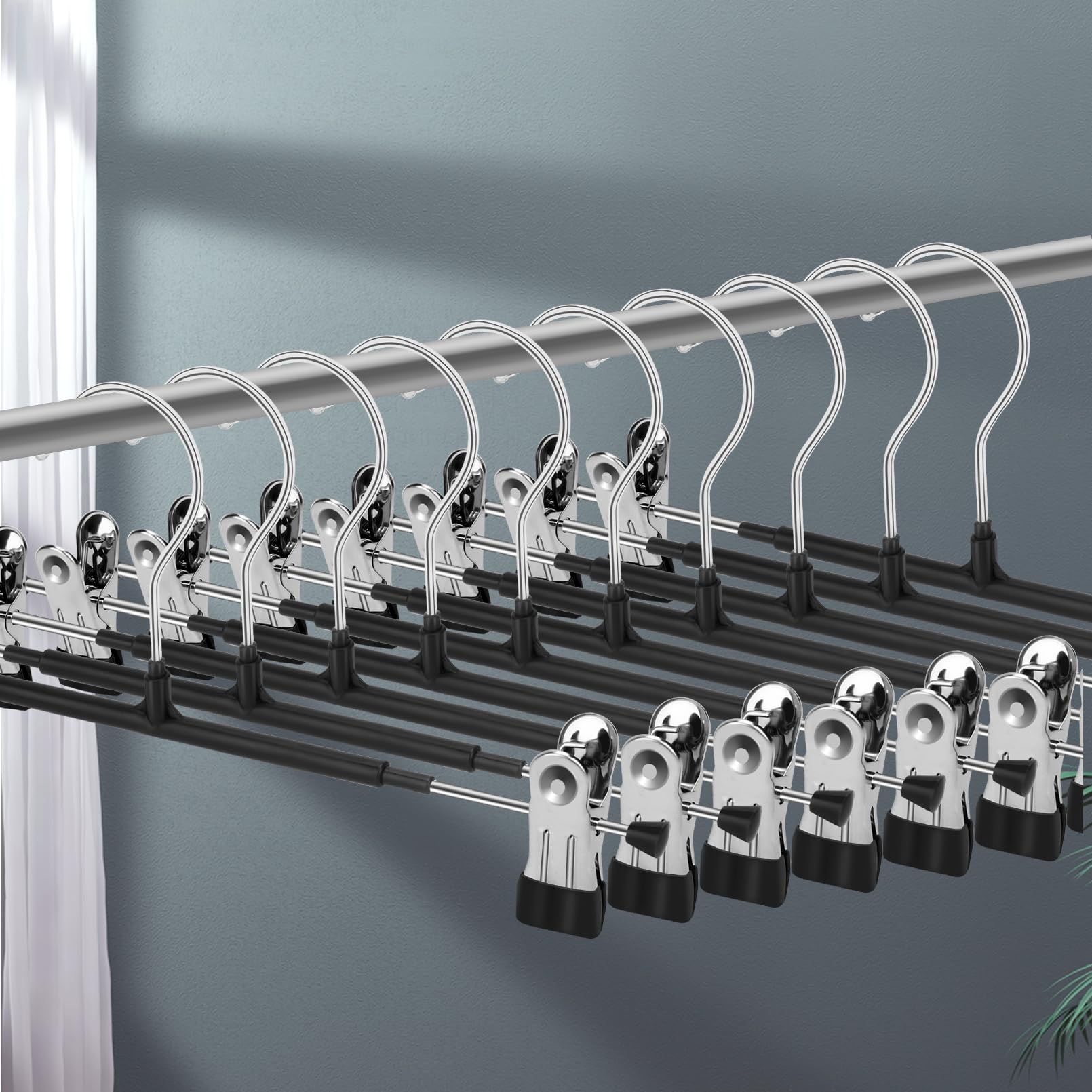 Lamitocs 10 Pack Pants Hangers with Clips,Skirt Hangers Space Saving, Heavy-Duty Pant Hangers Metal Clothes Hanger for Closet, Black