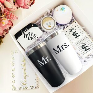 PartyGifts&beyond Mr and Mrs Cups Wedding honeymoon essential gifts 2 Pcs 20 Oz Stainless Steel Couple Tumblers for Bride and Groom (Bold)