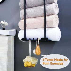 Klapber Metal Towel Rack Wall Mounted Towel Holder for Bathroom Wall, Black Bath Towel Racks for Bathroom Towel Storage Rack with Hanging Hooks & Shelve for Rolled Towel Organizer Modern Towel Shelf