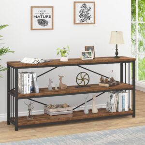 IBF Low Rustic 3 Tier Bookshelf, Industrial Horizontal Wood Bookcase, Farmhouse Long Wide Open Metal Etagere, Modern Large Vintage Book Shelf for Home Office Bedroom Living Room, Rustic Brown, 63 Inch