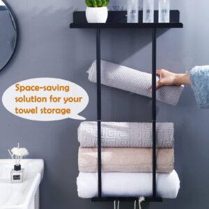 Klapber Metal Towel Rack Wall Mounted Towel Holder for Bathroom Wall, Black Bath Towel Racks for Bathroom Towel Storage Rack with Hanging Hooks & Shelve for Rolled Towel Organizer Modern Towel Shelf