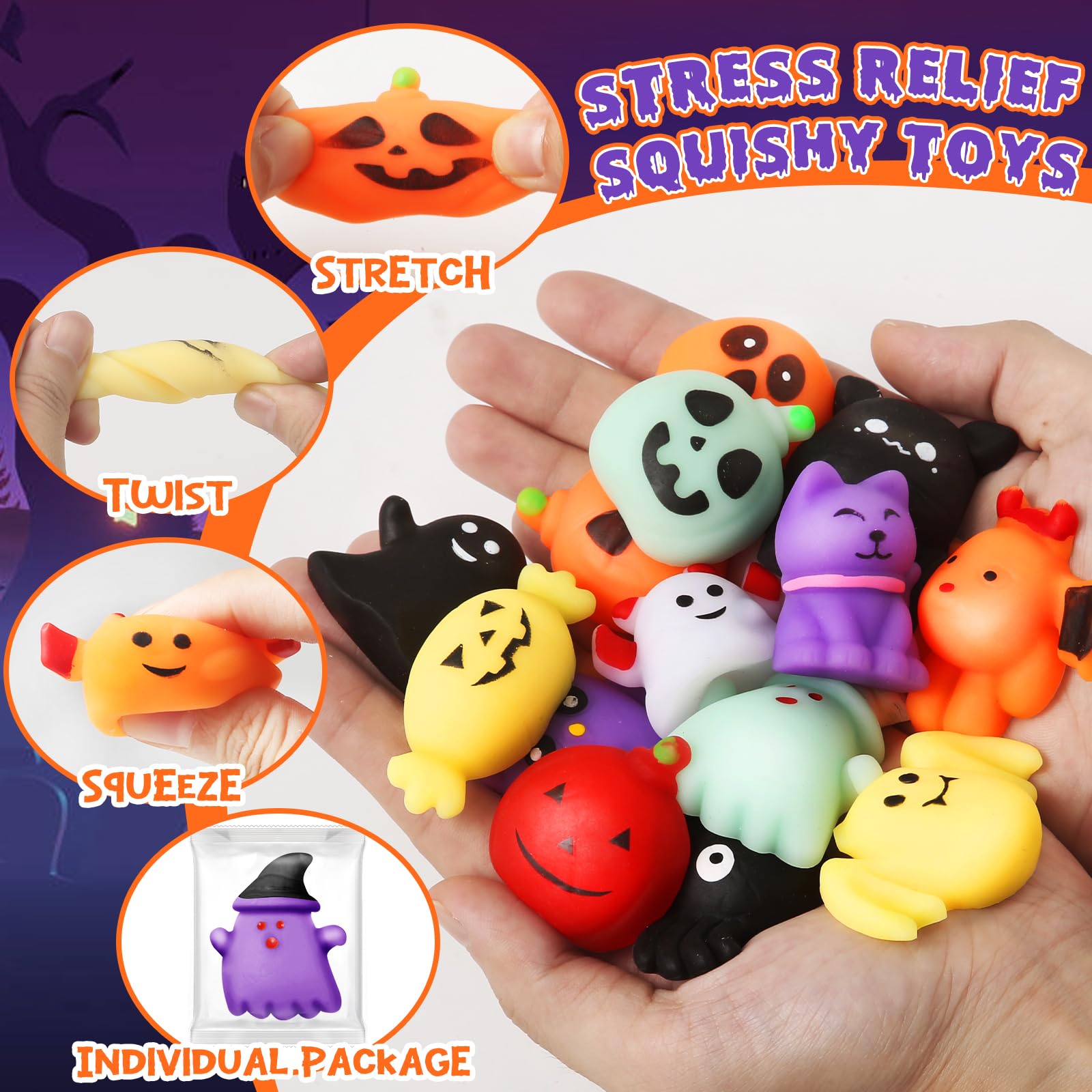 60PCS Halloween Squishy Toys for Kids, Halloween Party Favor for Kids, Halloween Classies Character Squishy Toys, Mochi Toys for Halloween Trick or Treat, Classroom Rewards, Goodie Bags